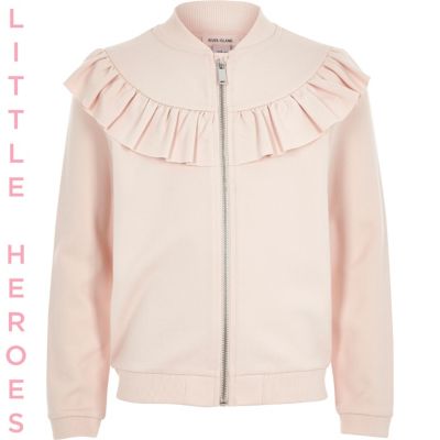 Girls pink ruffle sweat bomber jacket